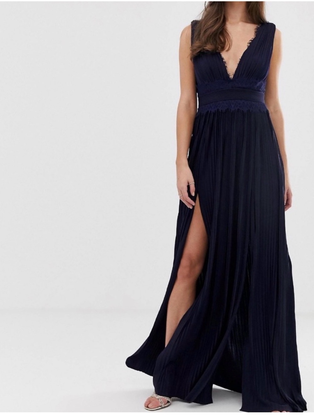 ASOS Navy Deep V Pleated Maxi Dress with Side Slit